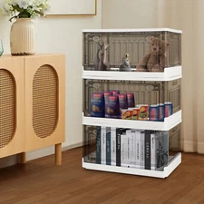 3 Stackable Foldable Storage Organizer Folding Closet Bins with Lid and Wheels