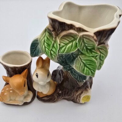 2 Hornsea Keramik Fauna Royal Vase Paar Hirsch und Hase um Baum Vintage 60er