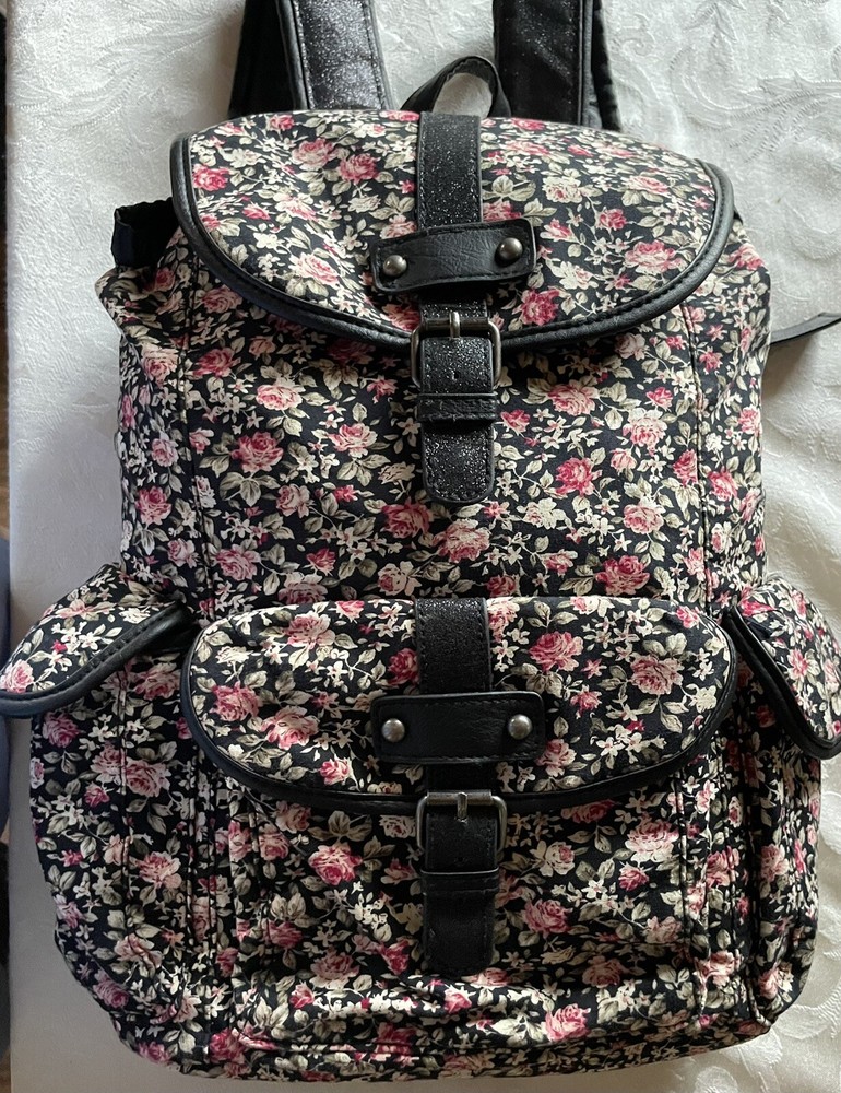 Olsenboye Black Pink Floral Backpack Bookbag Black Glittery Straps Boho 16x12x5