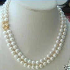 2 Rows 7-8MM DOUBLE STRAND WHITE PEARL NECKLACE 21-22'' AA
