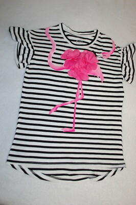 Girls S/S T-Shirt BLACK WHITE STRIPE Ruffle Sleeve PINK FLAMINGO Flower M 7-8