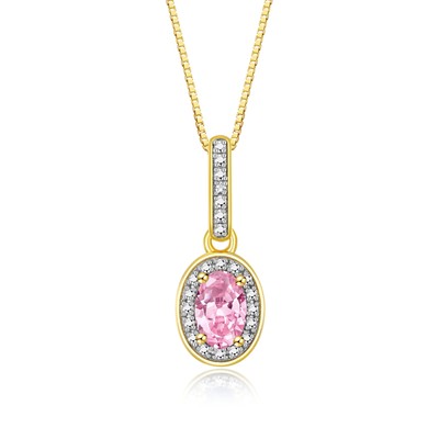 RYLOS PINK ICE & DIAMOND GEMSTONE HALO PENDANT 18'' YELLOW GOLD PLATED SILVER