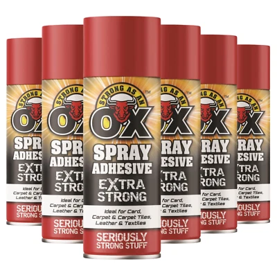6 x 500ml Heavy Duty Spray Adhesive Glue Strong As An Ox for Carpet Tile Fabric