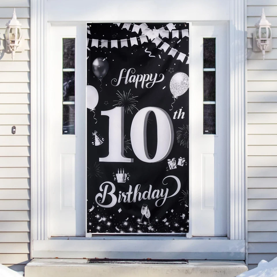 Bannière décorative pour 10e anniversaire  Noir et argenté  185 x 90 cm  10e ... - Photo 1/4