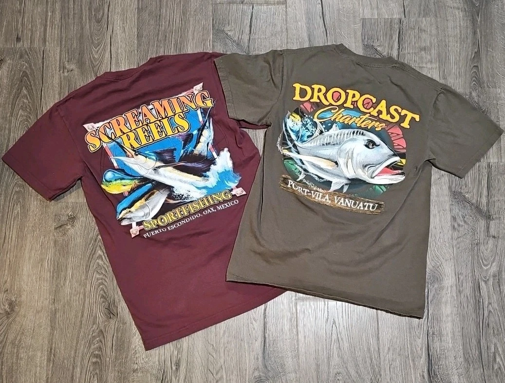 Mens Fishing T Shirts Red Tuna Lot Of 2 Small Offshore Charter Fishing Fish
