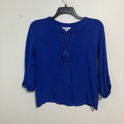 Counterparts Women Blue Boho Chic Crochet Blouse Sheer Long Sleeve Size Small