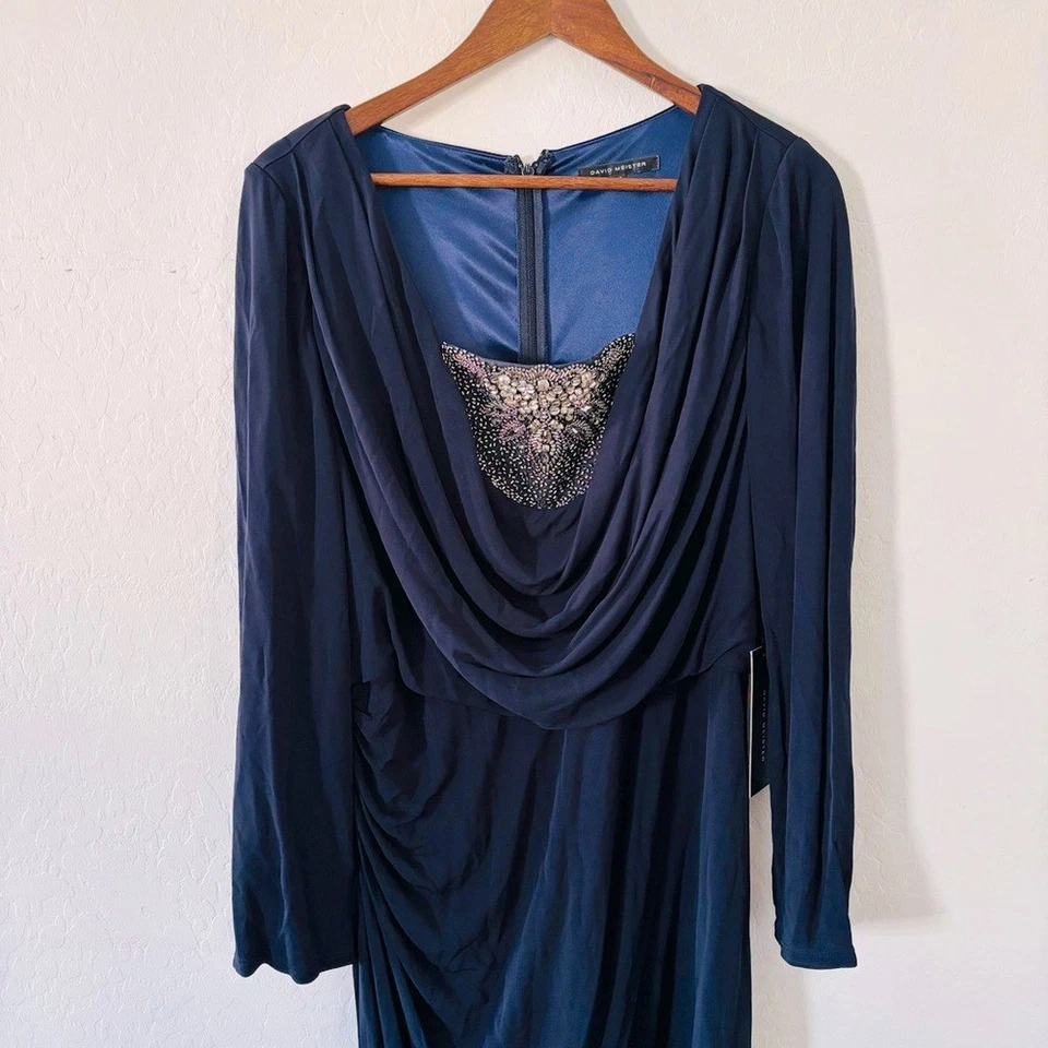 David Meister NWT Midnight Blue Long Sleeve Evening Gown Size 16 Body Contouring - Image 3 of 4