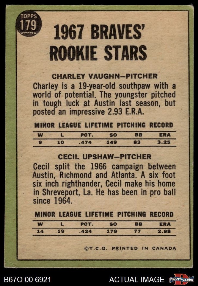 1967 O-Pee-Chee #179 Cecil Upshaw / Charles Vaughan Braves RCs 4 - VG ...