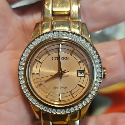Citizen Eco-Drive Gold Tone Quartz Gem-Set Bezel Analog Dial Wristwatch Bracelet