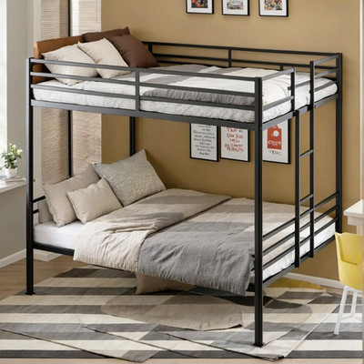 Heavy Duty Queen Metal Bunk Bed with Stairs, 2 Convertible Beds, Black