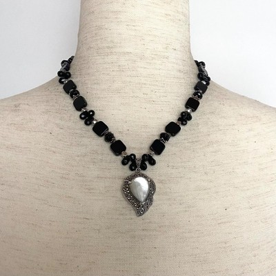 Sterling Silver 925 Beaded Black Tourmaline Mother Of Pearl Marcasite Necklace