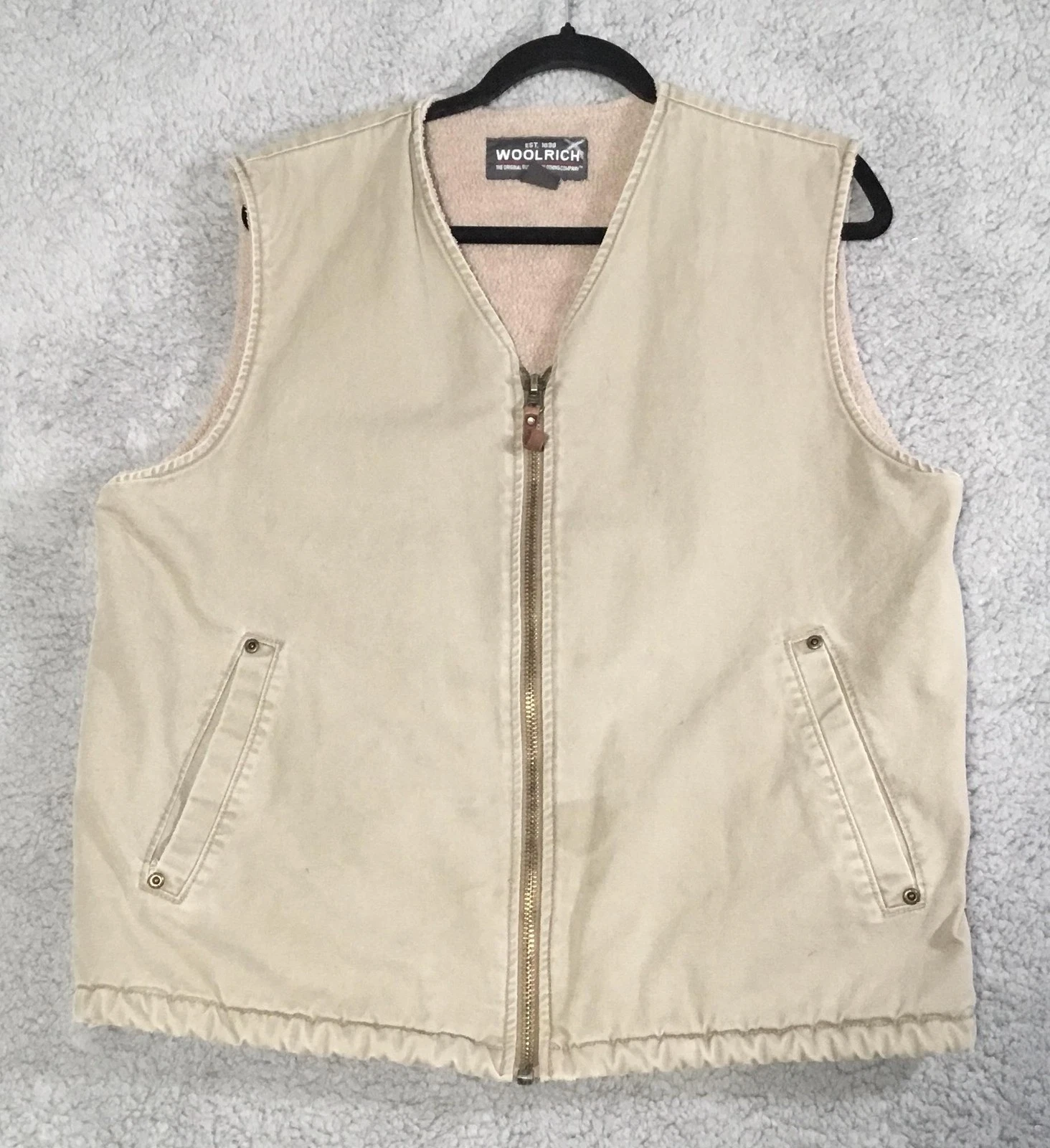 Woolrich Vest Mens Medium Beige Canvas Fleece Lined Full Zip Pockets Outdoor