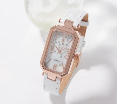 Isaac Mizrahi Live! Hexagon Croco White Leather Strap Watch