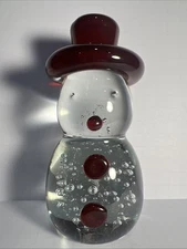 Blenko  Glass Snowman with Ruby Red Etched BLENKO 2021 Controlled Bubbles