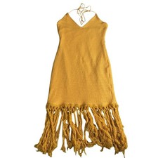 SHEIN Yellow Textured Halter Neck Midi Dress Fringe Boho Festival S