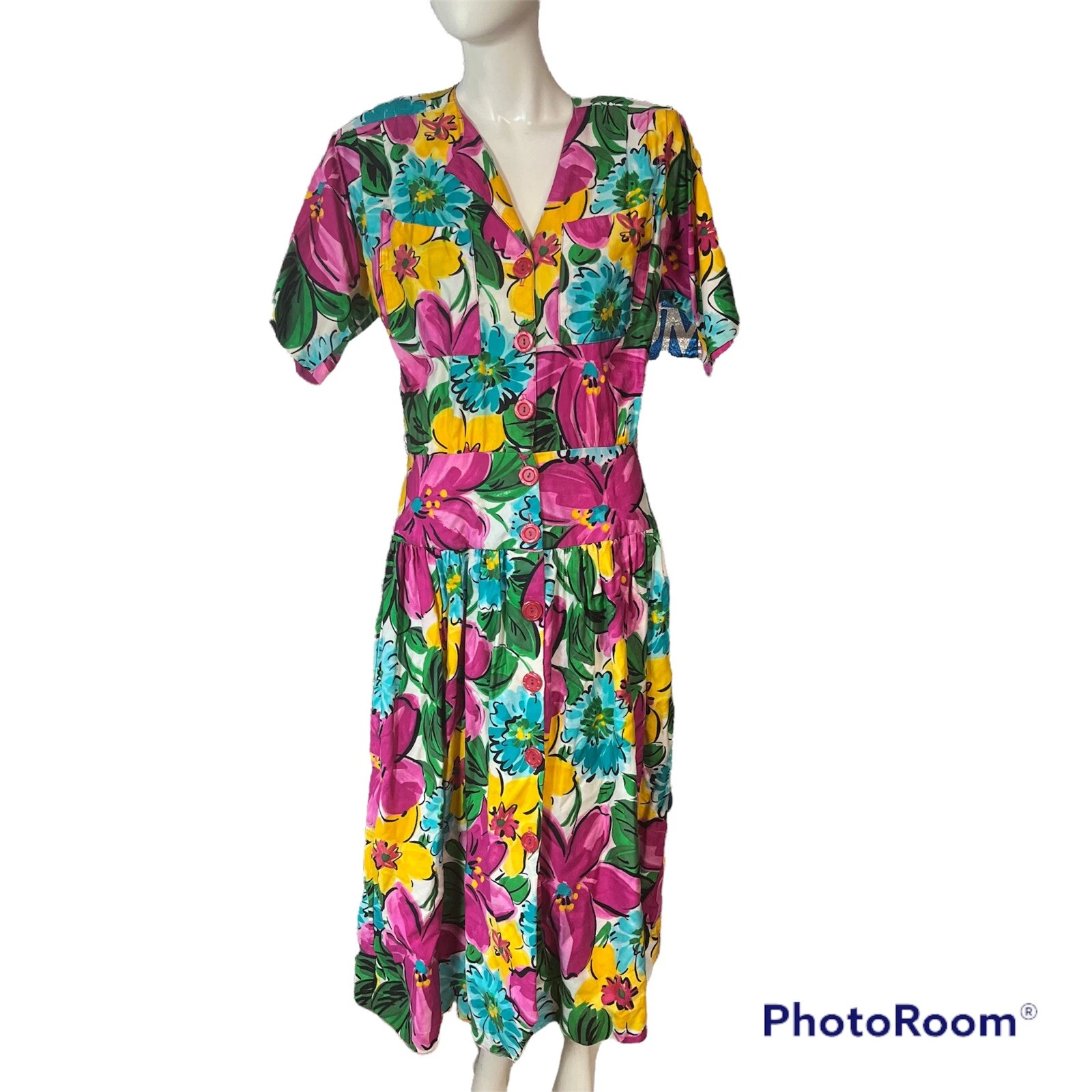 Vtg 80s Dress Bright Floral Maxi Retro 13 Medium Butter Mom Vacation Movie Prop