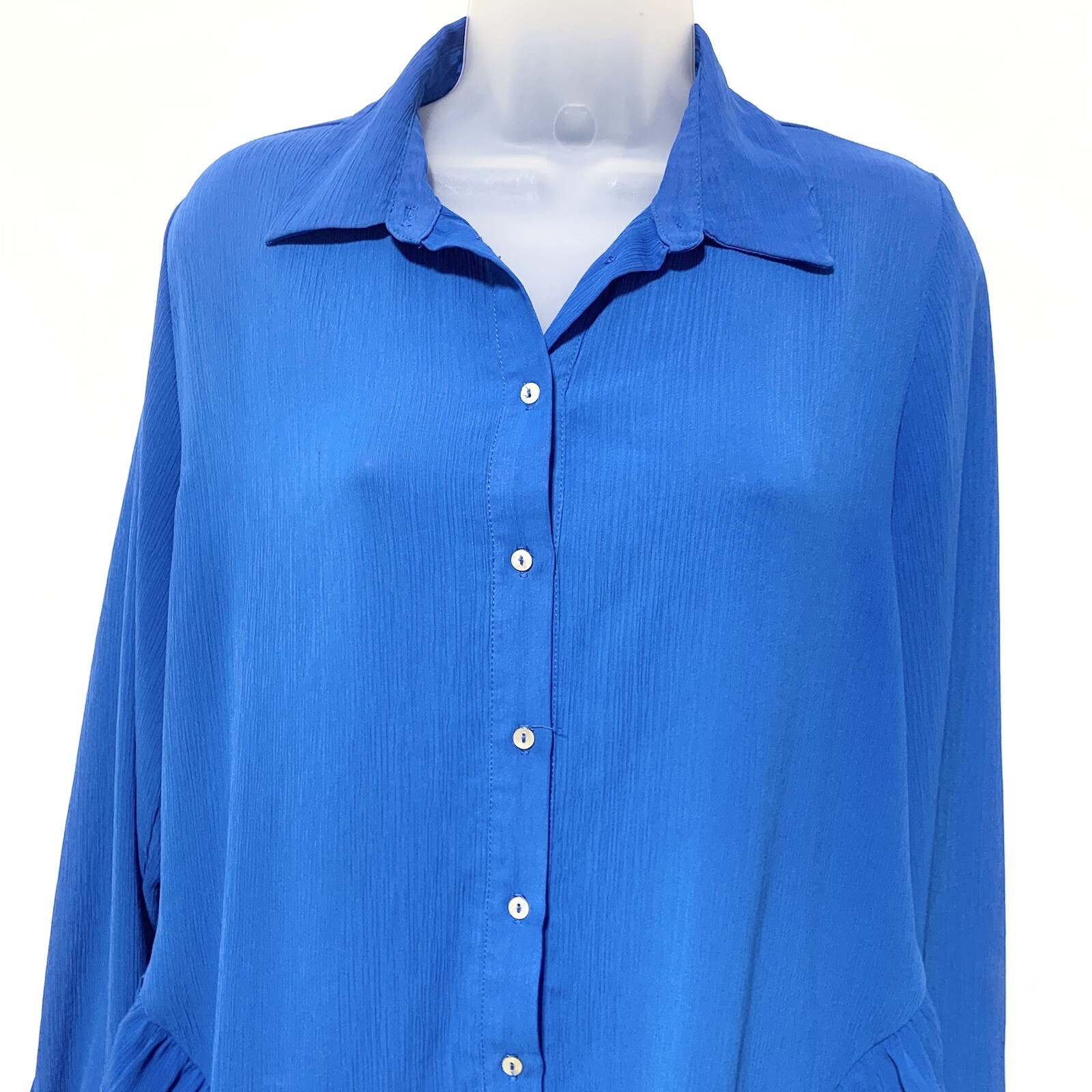 ZARA Basic Blue Button Front Blouse Ruffle Hem Lo… - image 6