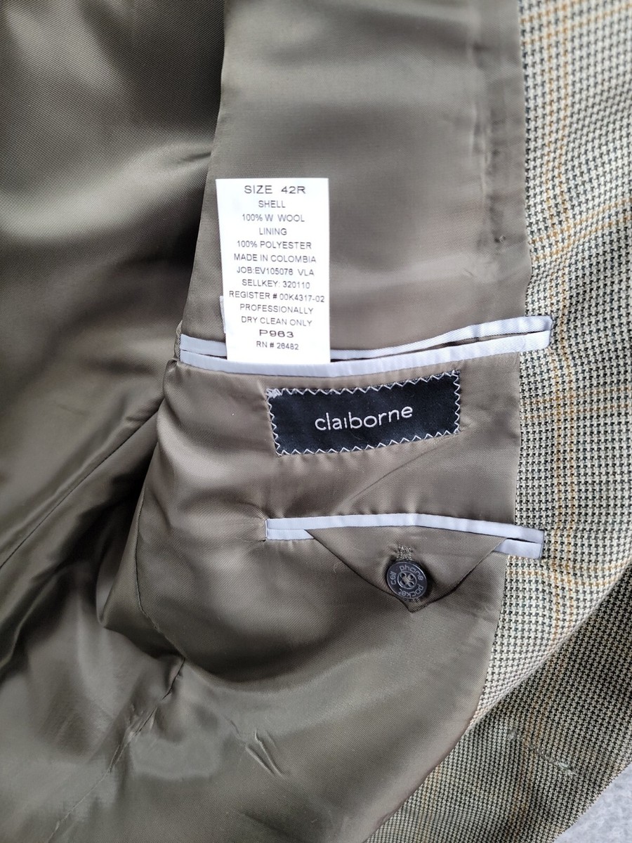 Claiborne Mens Blazer 42R Tan 100% Wool 2 Button Ventless Suit