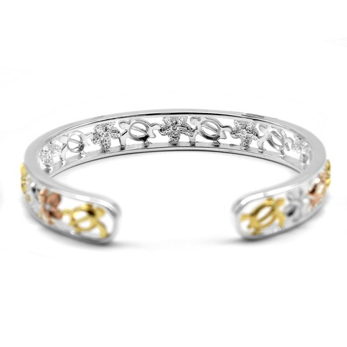 925 Sterling Silver Hawaiian Bangle Plumeria Sea Turtle CZ Open 10mm SGR Cuff   - Foto 4 di 4