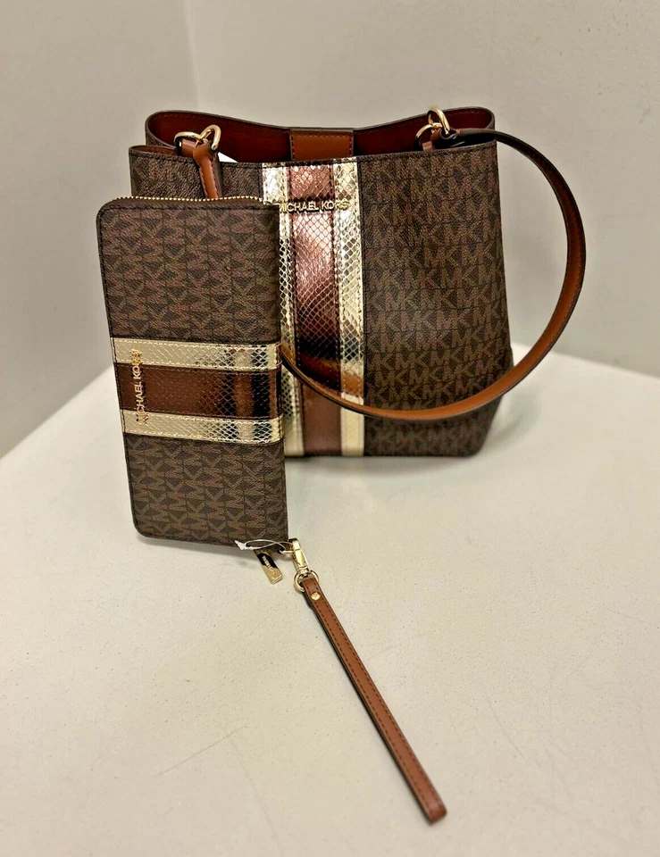 Michael Kors Pratt Mediano Bolso de Hombro Bolso de Mano + Cartera Larga Muñequera Marrón Foto 3 de 4