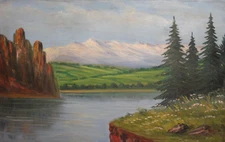 Antique oil painting river landscape