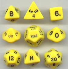 RPG Opaque Yellow Dice Cube 9pc D20, D12, D10, D8, D6, D4, Compass, Hit loc.