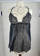 Vintage Victoria Secret Lingerie Babydoll Gown Slip Black Lace Med