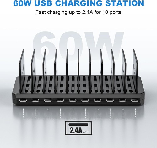 60W 10-Port USB Charging Station Multi Fast Charger for Phones Tablets - Zdjęcie 12 z 15