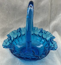 Vintage Fenton Art Glass Colonial Blue Thumb Print Basket Ruffled Edge 8” x 8”