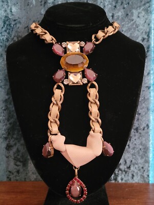 Designer MaxMara ~ Outstanding Brass Necklace With Faceted Glass & Woven Fabric