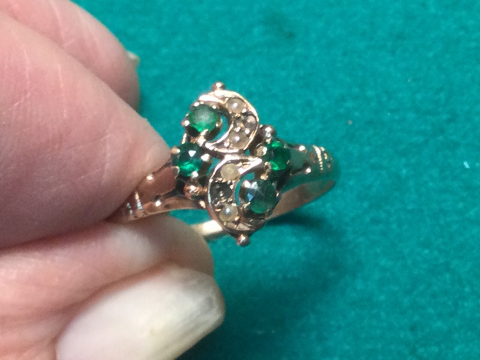 Antique 10K Solid Gold Natural Emeralds and Pearl Vic… Gem