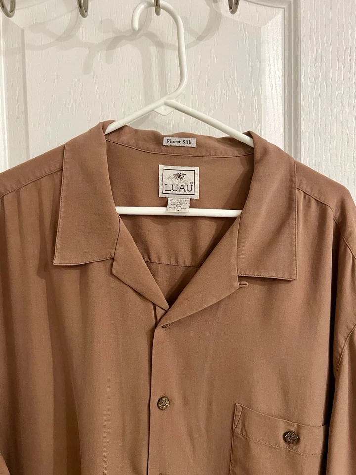 Camisa Hawaiana Luau Para Hombres 100% Seda 2XL Marrón Bordada Palmera Vacaciones Foto 4 de 4