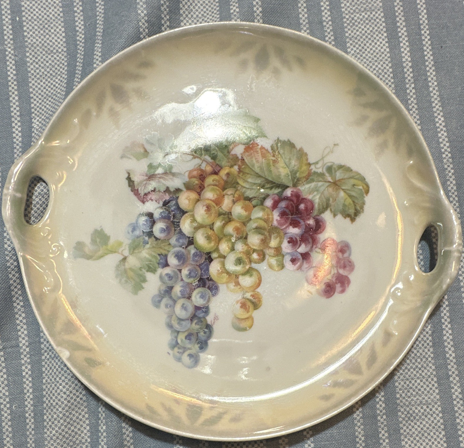 Ceramic Handled Decorative Plate Beige Multicolor Grapes Fruit Round Glossy