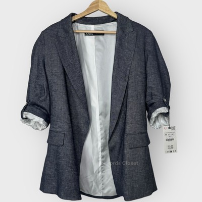 Zara Blazer Jacket I Medium I Indigo Chambray Roll Up Sleeve Linen Blend Casual