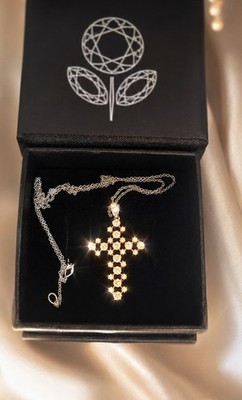 14K White & Yellow Gold Diamond Cross Necklace 74 Natural Diamonds,0.41 ct,40 cm