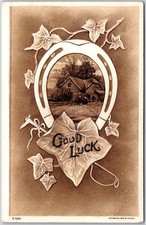 Good Luck, Embossed White Horseshoe, Ivy Leaves Framing Rustic House, Postcard
