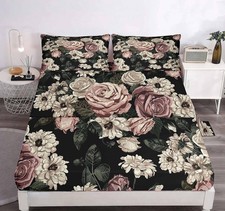 Luvivihome 4Pcs Vintage Floral Sheets Set Queen Bed Black Sheets Boho Rustic