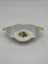 VTG Porcelain Trinket Nut Dish Floral Green White Scalloped Edge 5 3/8 in