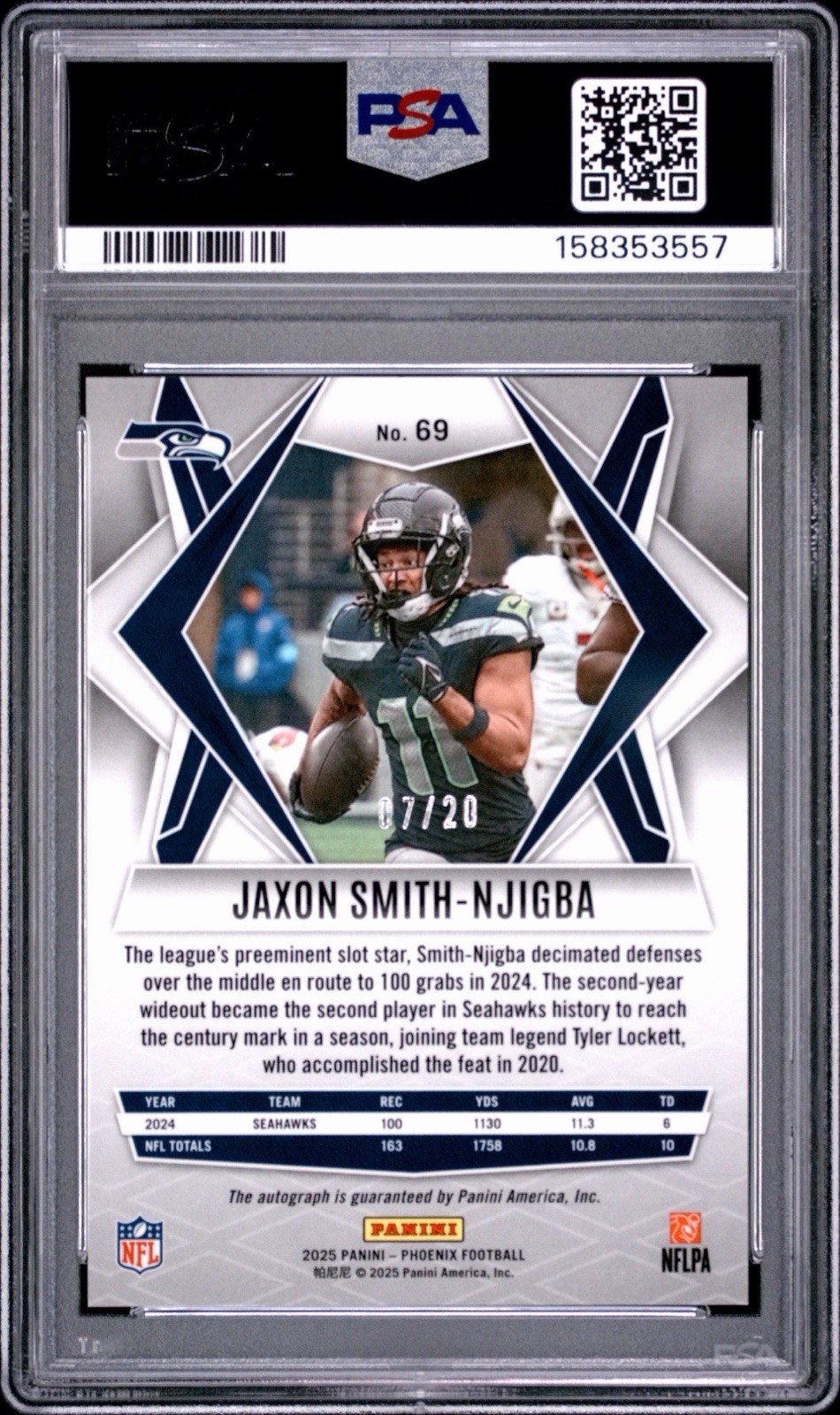 Panini Phoenix 2025 Jaxon Smith-Njigba Seismic Auto /20 Seahawks PSA 10 Pop 1 view 2