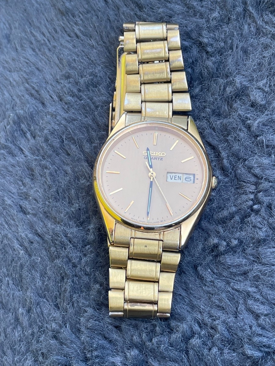 SEIKO セイコー ブレスウォッチ 2Pカラーストーン ルビー ゴールド Seiko 7N43-7A50 Quartz Gold Tone Day/Date 34mm Full Original Near
