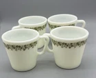 4 Pyrex Green Crazy Daisy Spr Blossom Coffee Mugs 1410 Milk Glass D Handle Vtg.