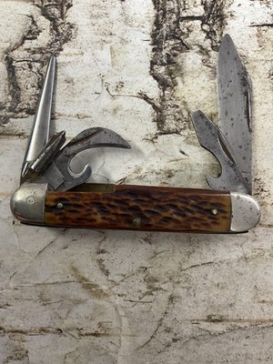 Ulster Knife Co Vintage Green Jigged Bone Scout 4 Way Screwdriver Pocket Knife 