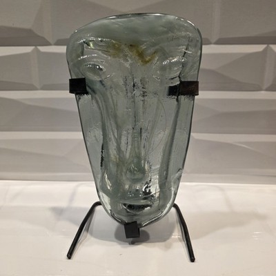 Vtg ArtGlass Blue Face Mask Swirls Of White & Brown Jaramillo Style Mexico Stand