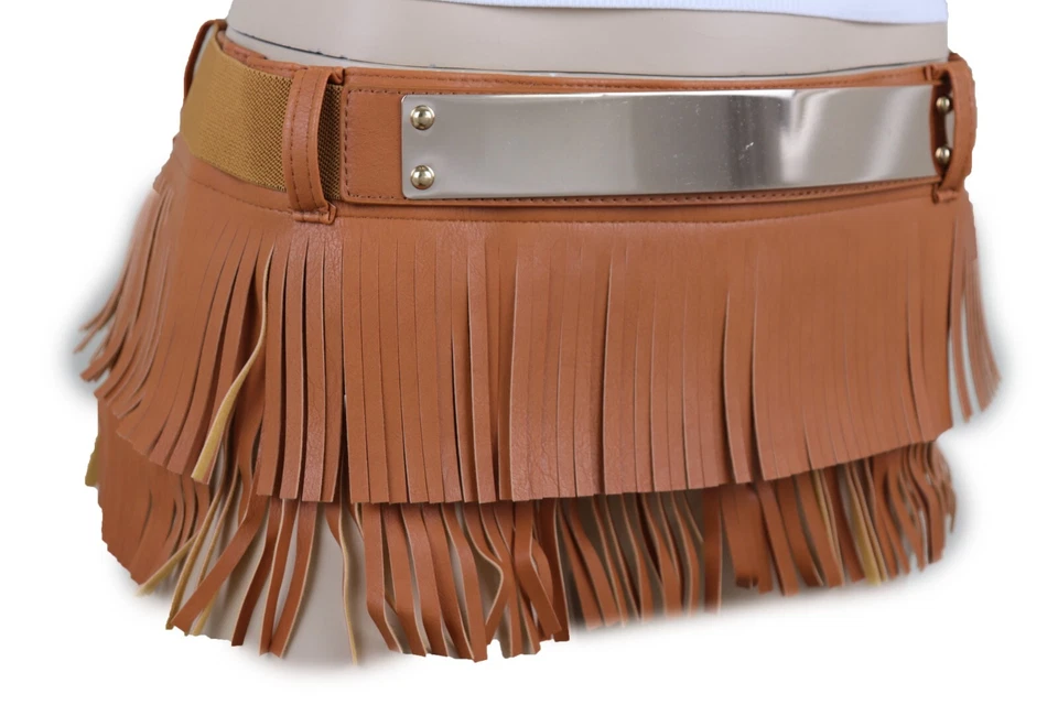 Mujeres Color Marrón Imitación Cuero Tela Mini Falda Corbata Flecos Cinturón Metal Dorado S M Foto 3 de 4