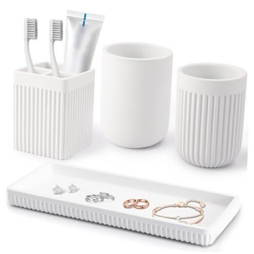 Resin Bathroom Toothbrush Holder Set, Matte Striped Resin Bath Set 4PCS White