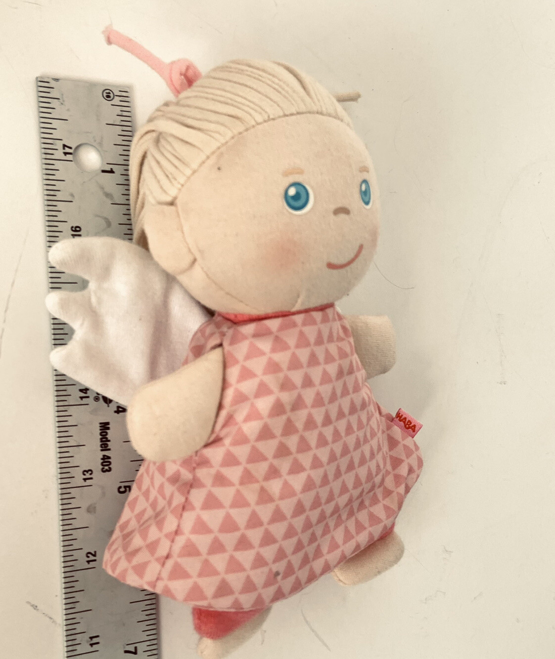 haba Guardian Angel Doll Blonde hair blue eyes wings pink dress Pellet