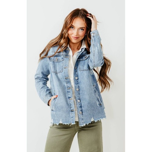 Thread & Supply Women's Villa Denim Jacket Size XS Medium Wash Blue Distressed