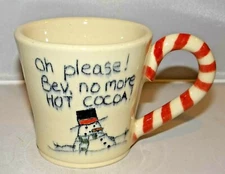 Hand Thrown Pottery Bev, no more Hot Cocoa Snowman Mug Cup Candy Cane Handle