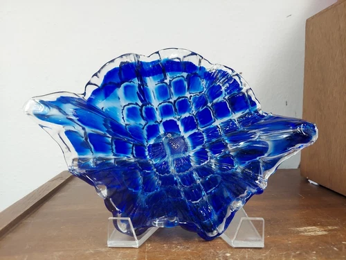 Vetro Eseguito Murano Glass Quilted Cobalt Blue Bowl 11" L 9" W 4" T Clear Label