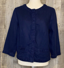 CHICO'S Navy 100 Linen Cropped 3/4 Sleeve Blazer Front Snap Jacket SZ 1/SMALL